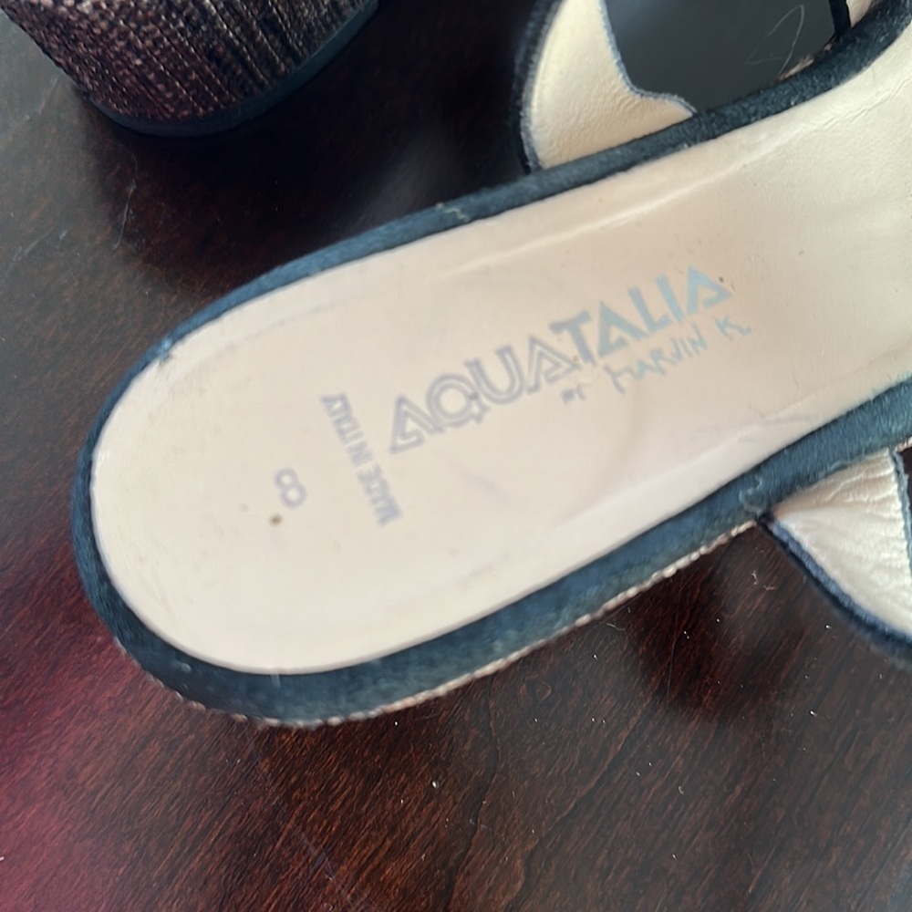 Aquatalia Platform Wedge Sandal Black Suede Woven Heel Sz 8 Quiet Luxury Classic - Picture 7 of 11
